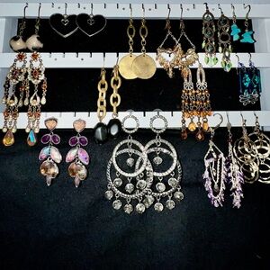 14 Pair of Various Dangling Rhinestone, Gold and Turquoise Earrings.